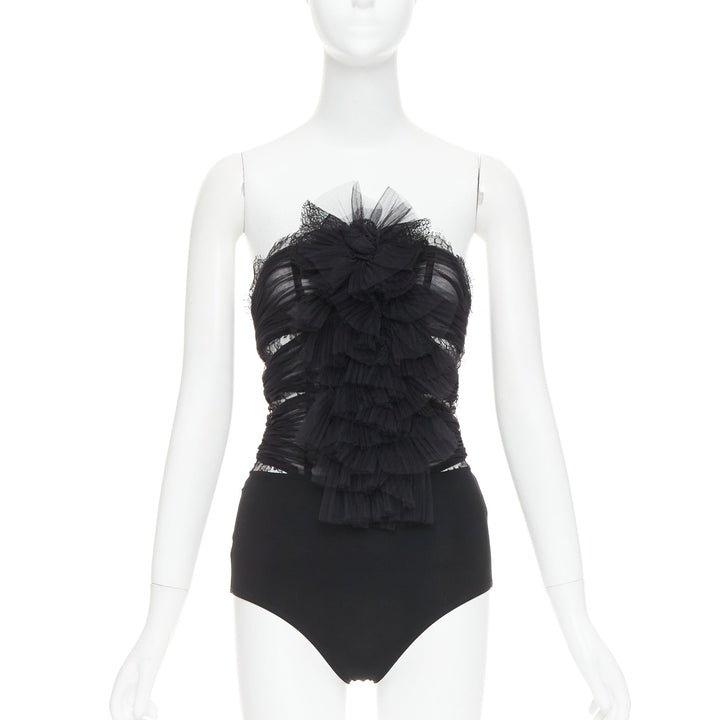 ALEXANDRE VAUTHIER COUTURE AW2022 Runway black pleated tulle sheer lace body top