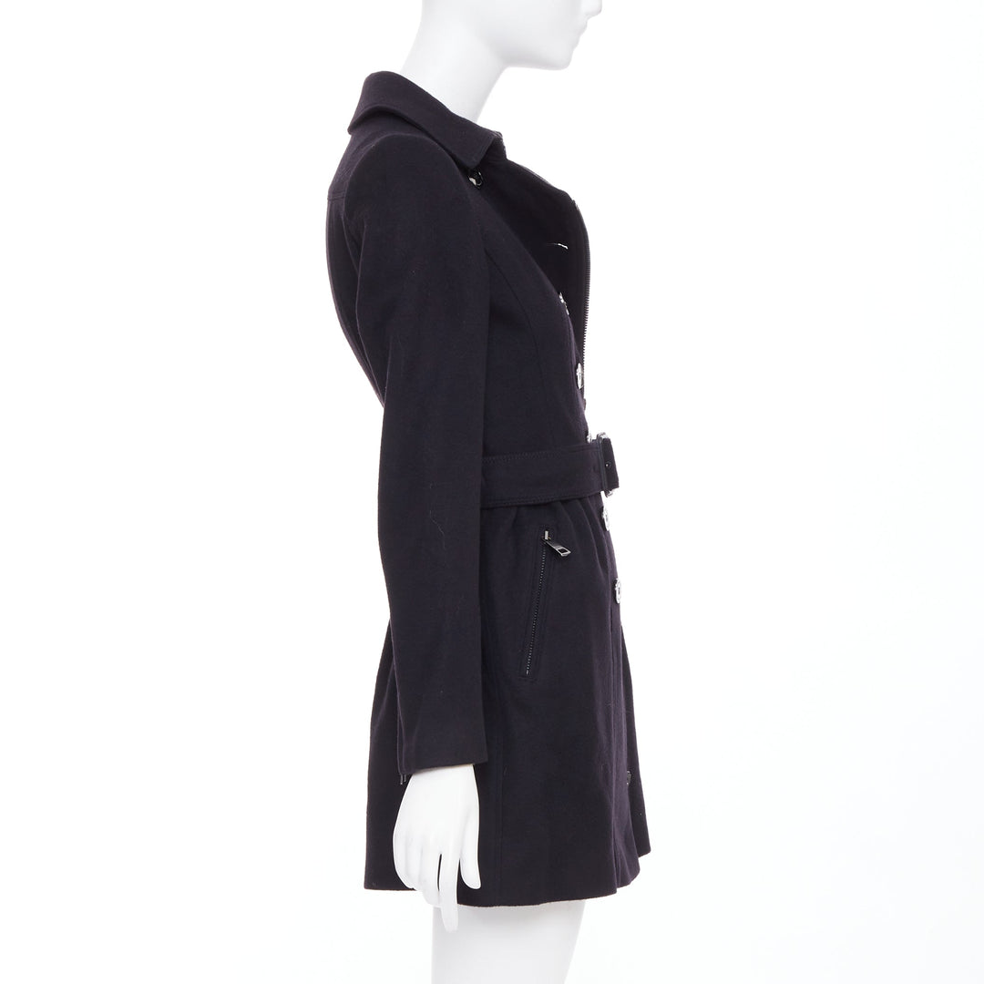 BURBERRY black virgin wool cashmere asymmetric zip belted trench coat UK4 XXS
