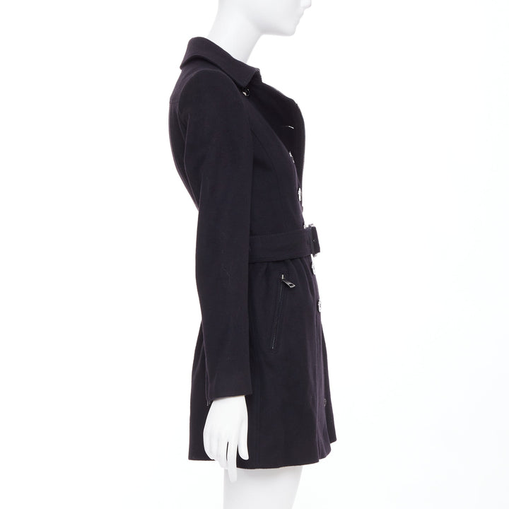 BURBERRY black virgin wool cashmere asymmetric zip belted trench coat UK4 XXS