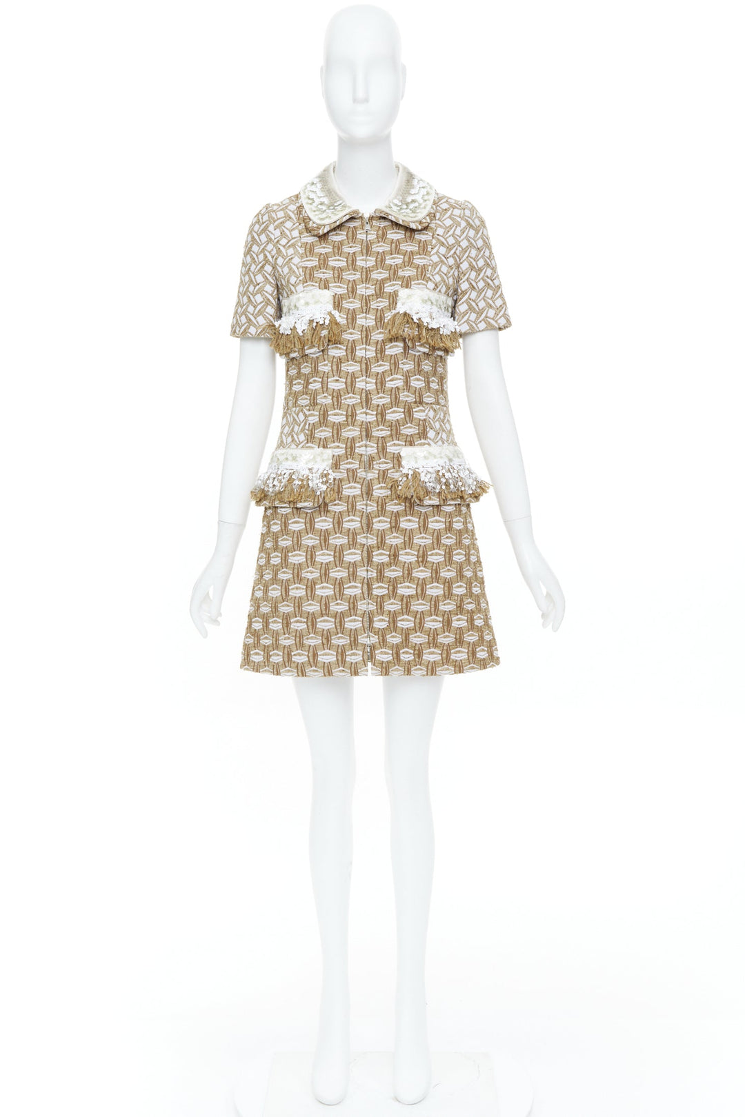 LOUIS VUITTON 2013 tan boucle tweed sequin fringe collar zip front dress FR40 L