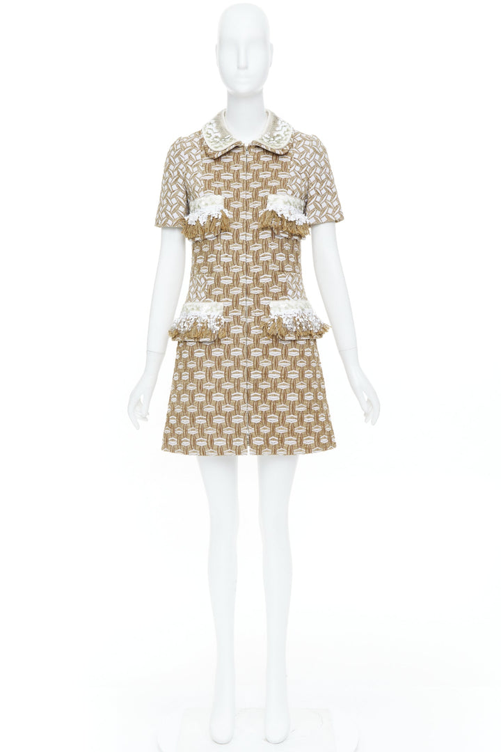 LOUIS VUITTON 2013 tan boucle tweed sequin fringe collar zip front dress FR40 L