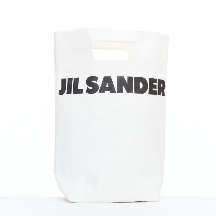 JIL SANDER cream black laminated paper logo crossbody tote bag