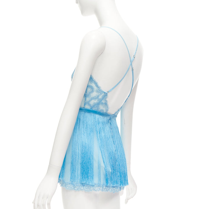 rare LA PERLA blue silk blend intricate lace fringe lingerie cami top US0 XS