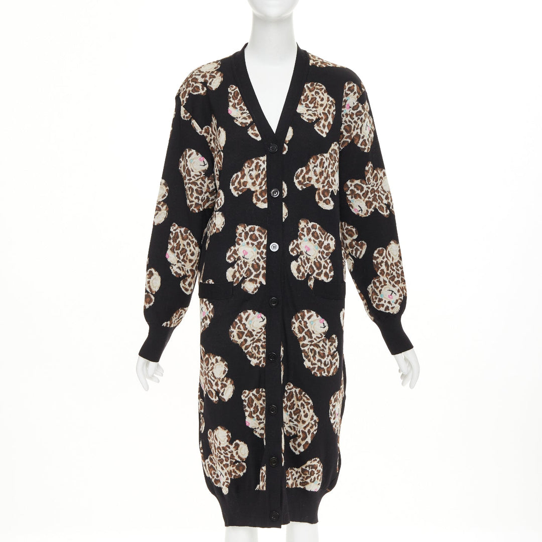 MOSCHINO Leopard Teddy black brown virgin wool knit long cardigan IT38 XS