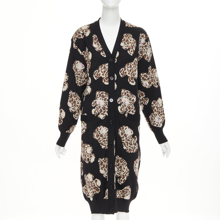 MOSCHINO Leopard Teddy black brown virgin wool knit long cardigan IT38 XS