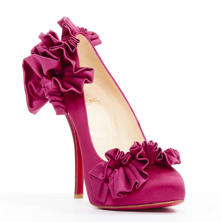 CHRISTIAN LOUBOUTIN Escandria 120 Satin cranberry pink ruffle platform EU37.5