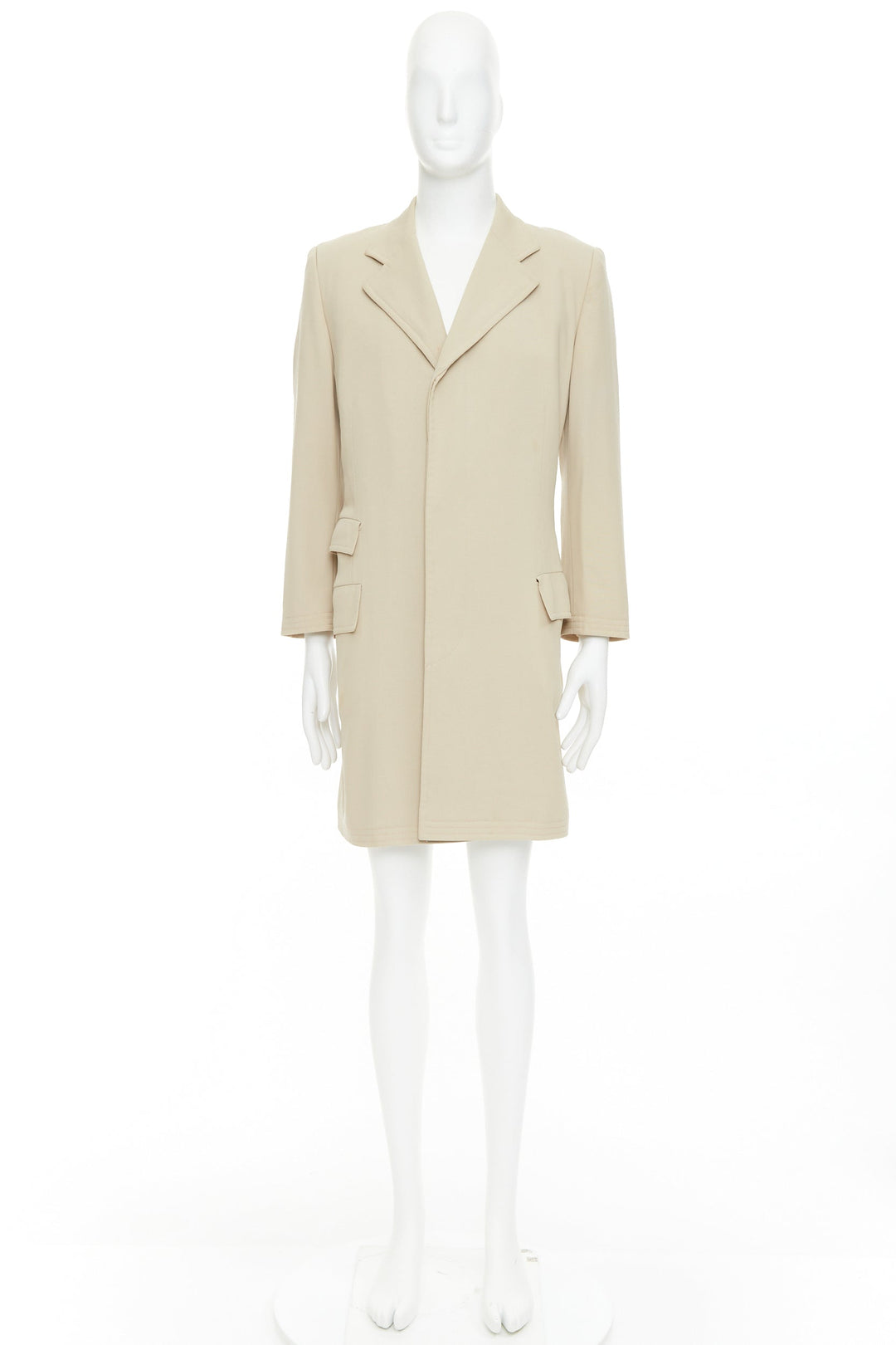 HERMES beige 100% wool twill horn buttons minimal long coat IT46 S