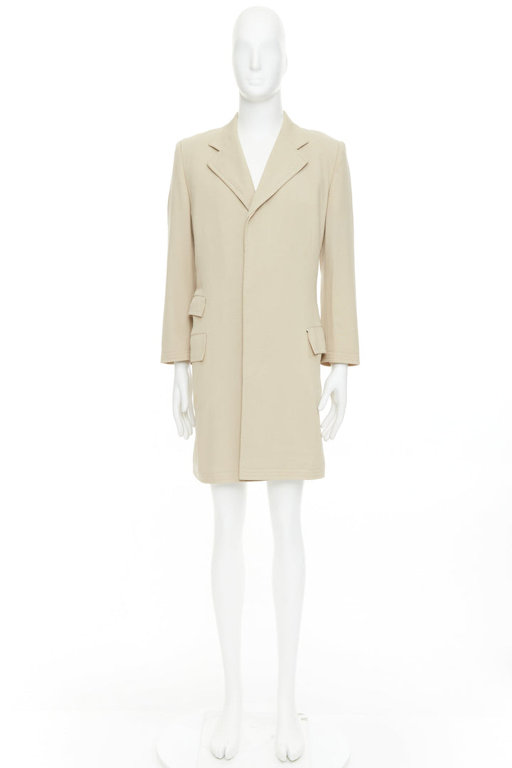 HERMES beige 100% wool twill horn buttons minimal long coat IT46 S