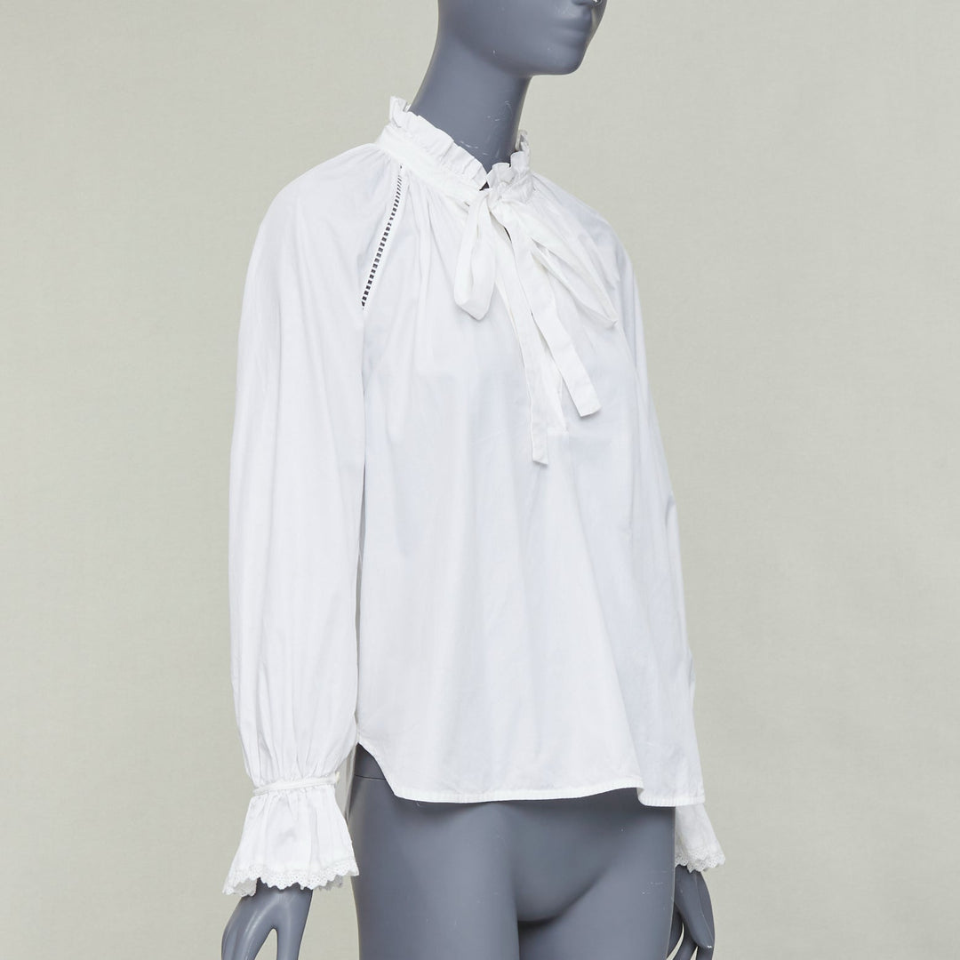 LEE MATHEWS white cotton ruffle lace trim peasant blouse Sz.1 XS