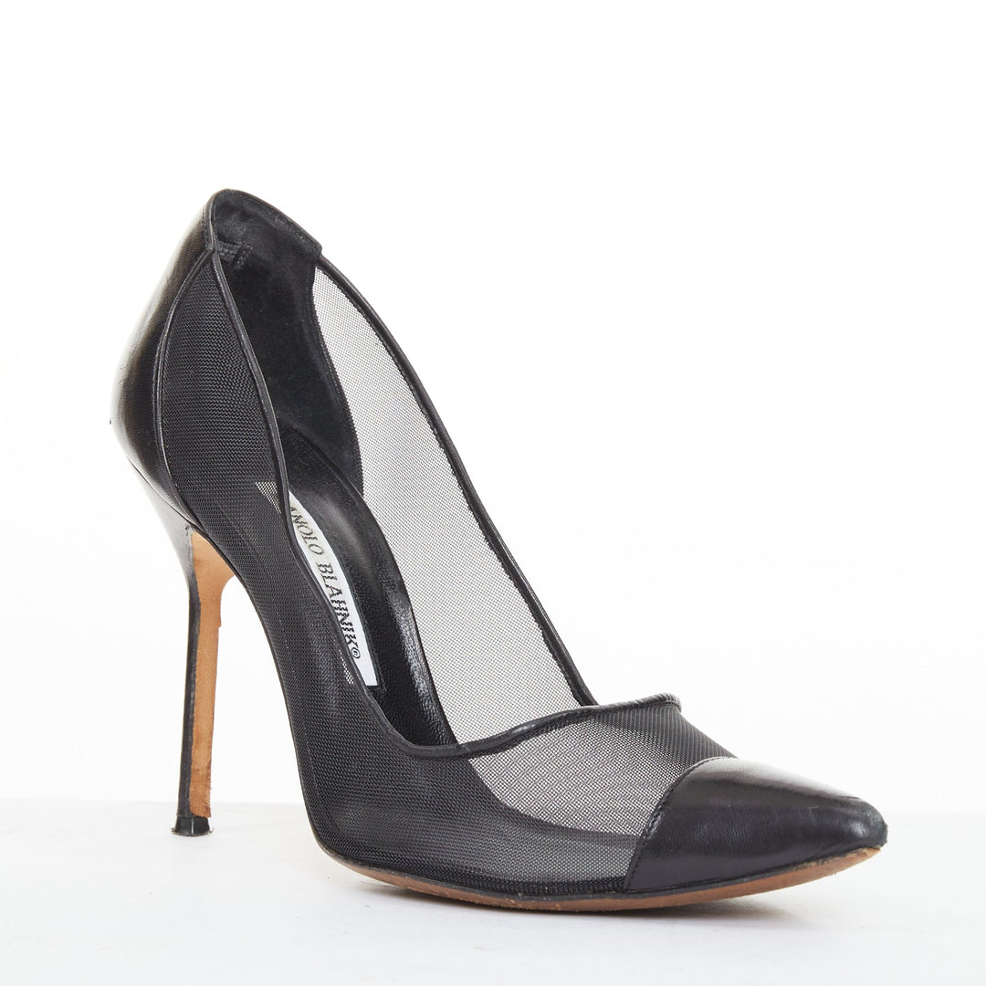 MANOLO BLAHNIK Capcour 90 black sheer mesh leather cap toe stiletto pumps EU37