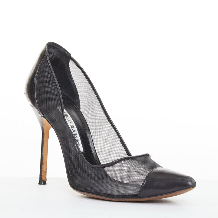 MANOLO BLAHNIK Capcour 90 black sheer mesh leather cap toe stiletto pumps EU37