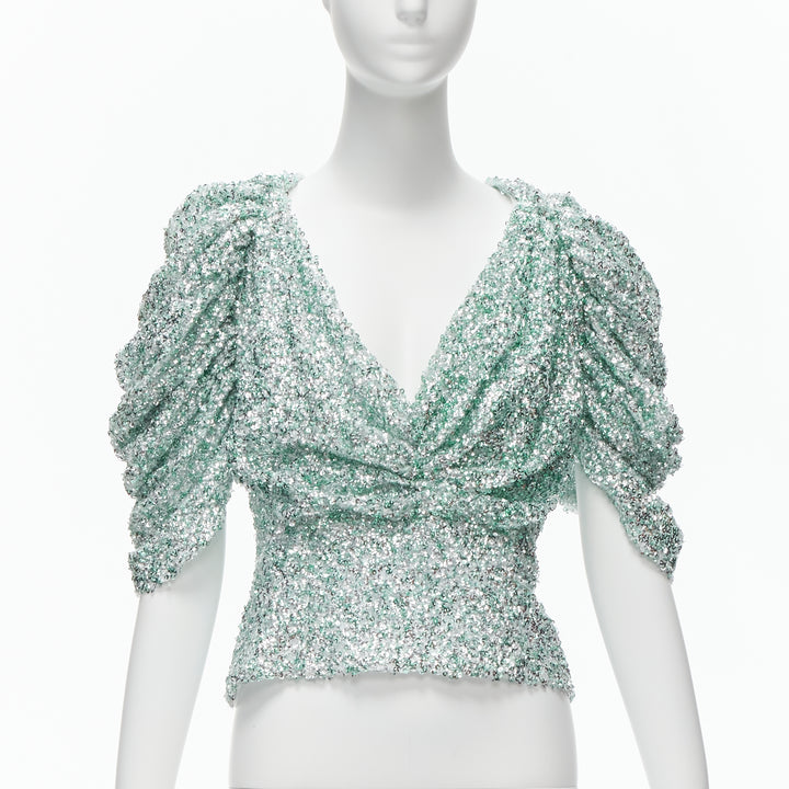 HALPERN seafoam green silver sequins deep V puff sleeves top FR36 XS