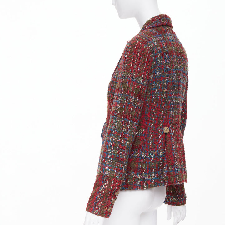 CHRISTIAN LACROIX BAZAR 1996 red plaid tweed crest button blazer jacket FR44 XL