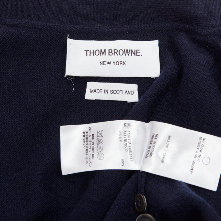 THOM BROWNE 100% cashmere navy white 4 bar stripe button side cardigan IT44 L