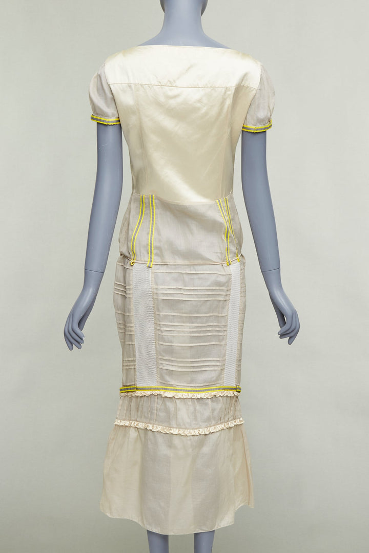 rare MIU MIU 1999 Runway beige technical patchwork satin neon trim dress IT44 L