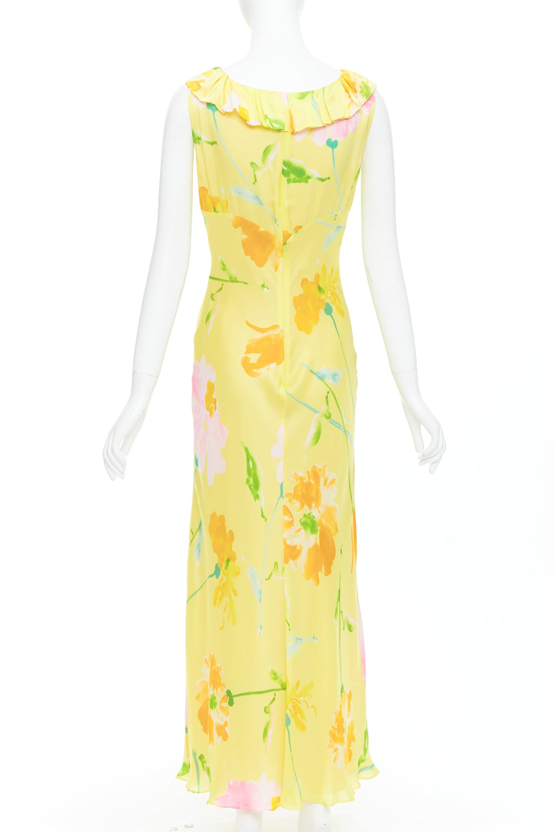 rare DONNA KARAN Vintage yellow floral print ruffle collar maxi dress