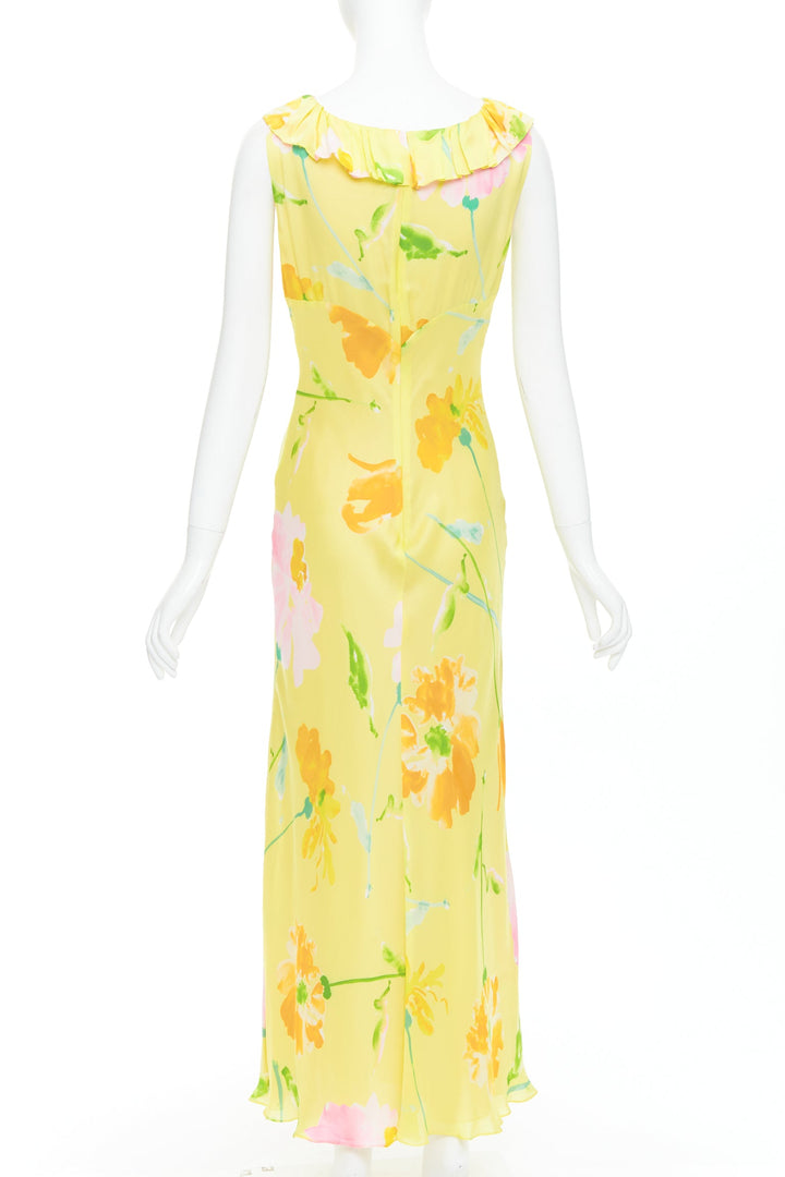 rare DONNA KARAN Vintage yellow floral print ruffle collar maxi dress