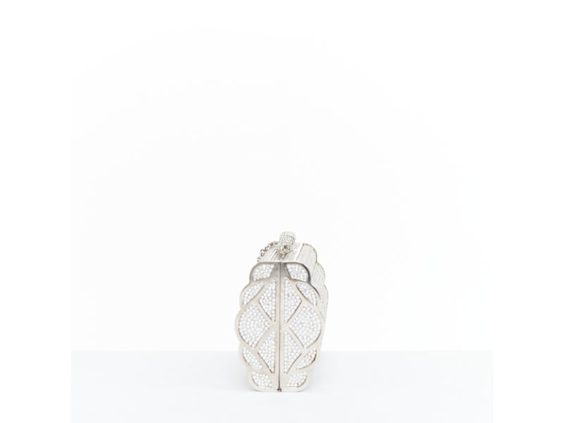 JUDITH LEIBER silver crystal encrusted metal clasp chained minaudiere clutch bag