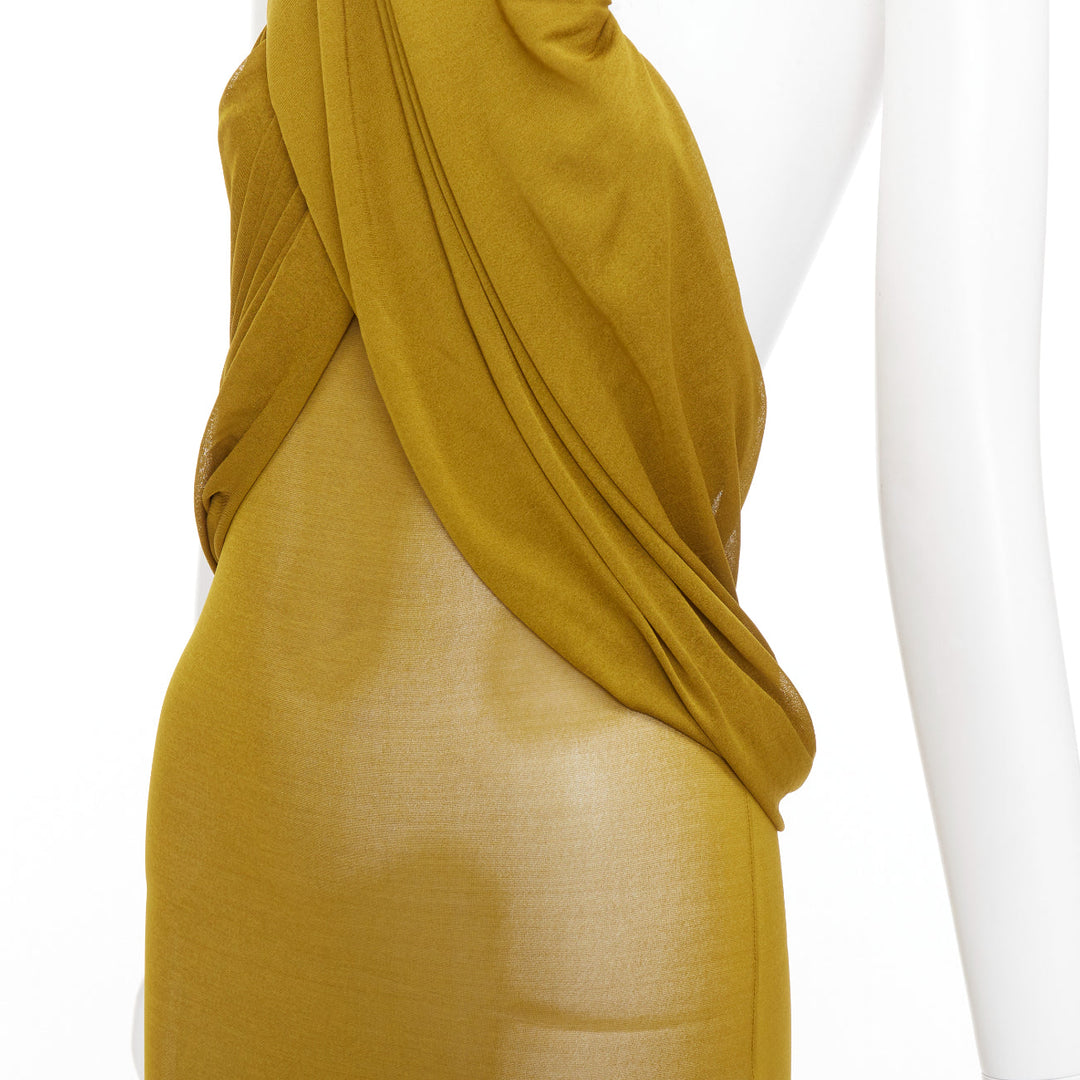 SAINT LAURENT 2023 Runway gold hooded draped maxi sheer dress FR34 XS