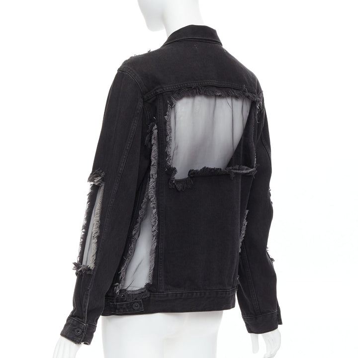 OFF WHITE black denim organza mesh panel frayed jacket XS