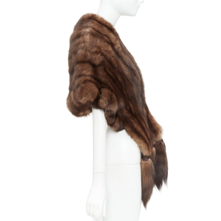 FLAMINGO brown real Russian fur tassel tiered shawl scarf stole