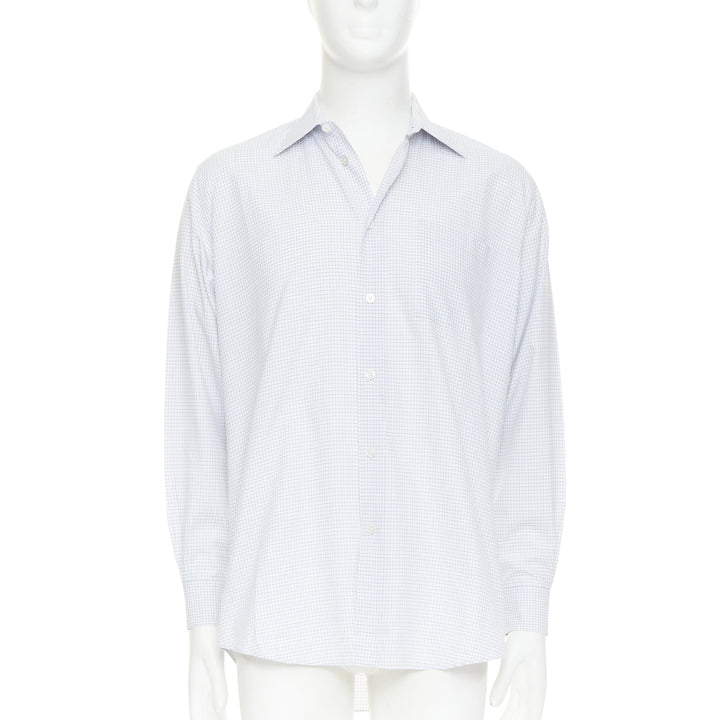 HERMES white blue small checked cotton collared shirt EU39 M