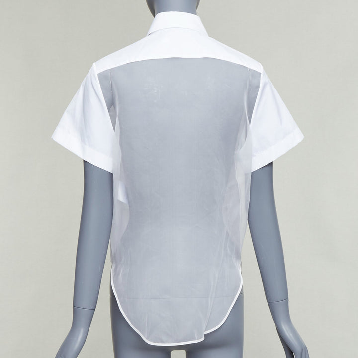 CHRISTIAN DIOR 100% silk white cotton trim sheer panel logo shirt FR34 XS