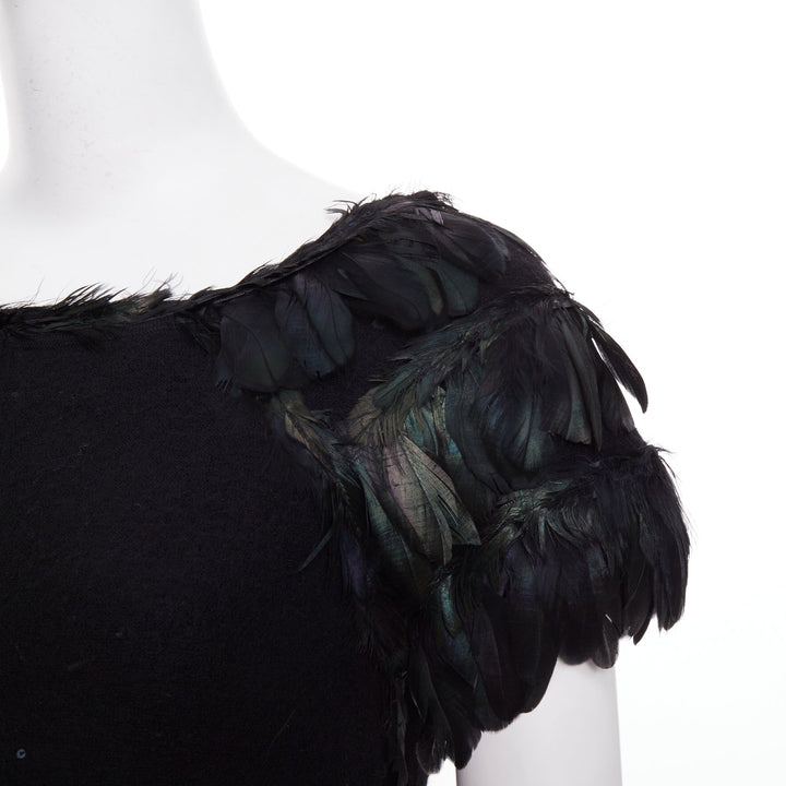 DIANE VON FURSTENBERG black wool iridescent sequin feather hem mini dress S