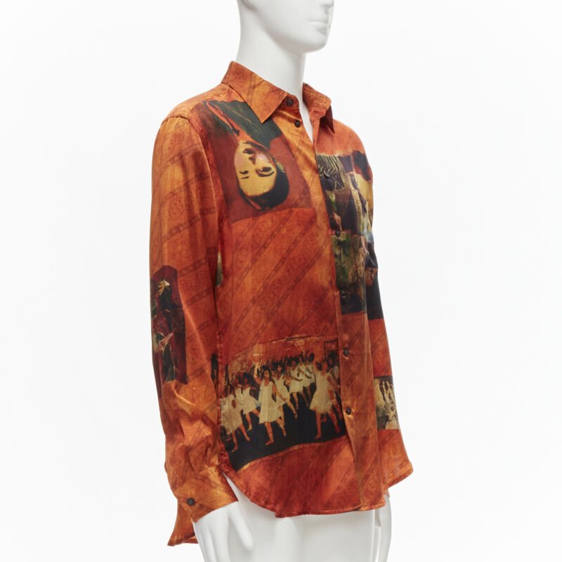 Male mannequin wearing Yohji Yamamoto 2004 Orange 100% Silk Men Shirt in Size JP2 | Available at JHROP