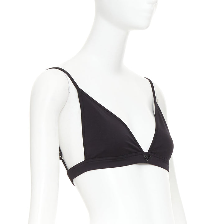 PRADA 2022 black jersey triangle logo plate plunging bralette top IT38 XS
