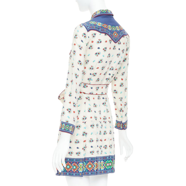 GUCCI 2016 navy cream 100% silk western print belted dress IT38 XS