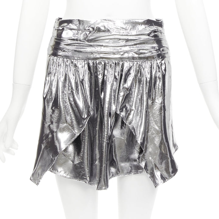 ISABEL MARANT metallic silver silk blend puff sleeve top flare skirt FR34 XS
