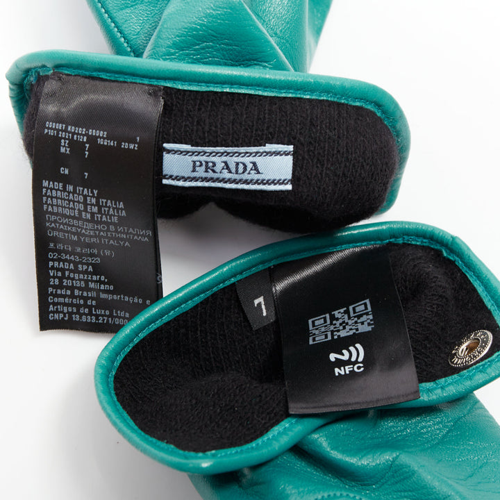 PRADA Raf Simons 2021 Runway teal lambskin leather triangle pouch gloves Sz7