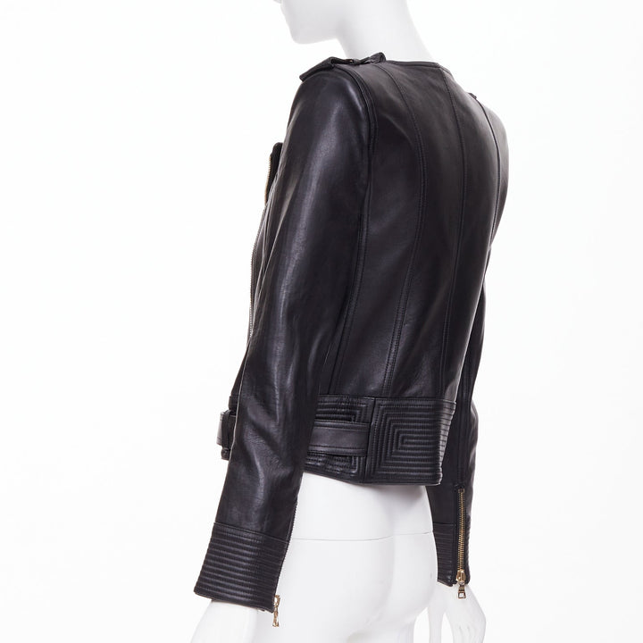 BALMAIN 2020 black quilted lambskin leather belted perfecto biker jacket FR34 XS