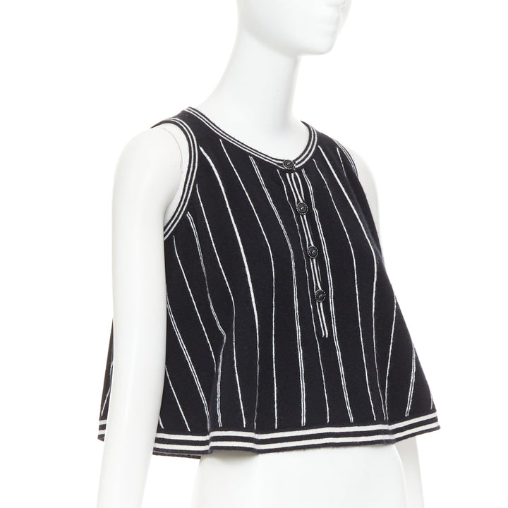 CHANEL 2015 100% cashmere black white striped A-line flared crop tank FR 34/36