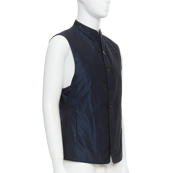 Male mannequin wearing Shiatzy Chen Navy Polyester Men Vest in Size IT46 | Available at JHROP