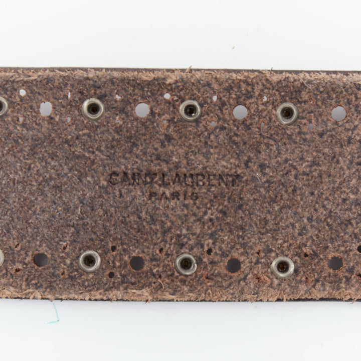 SAINT LAURENT brown leather silver studs eyelet buckle belt 85cm