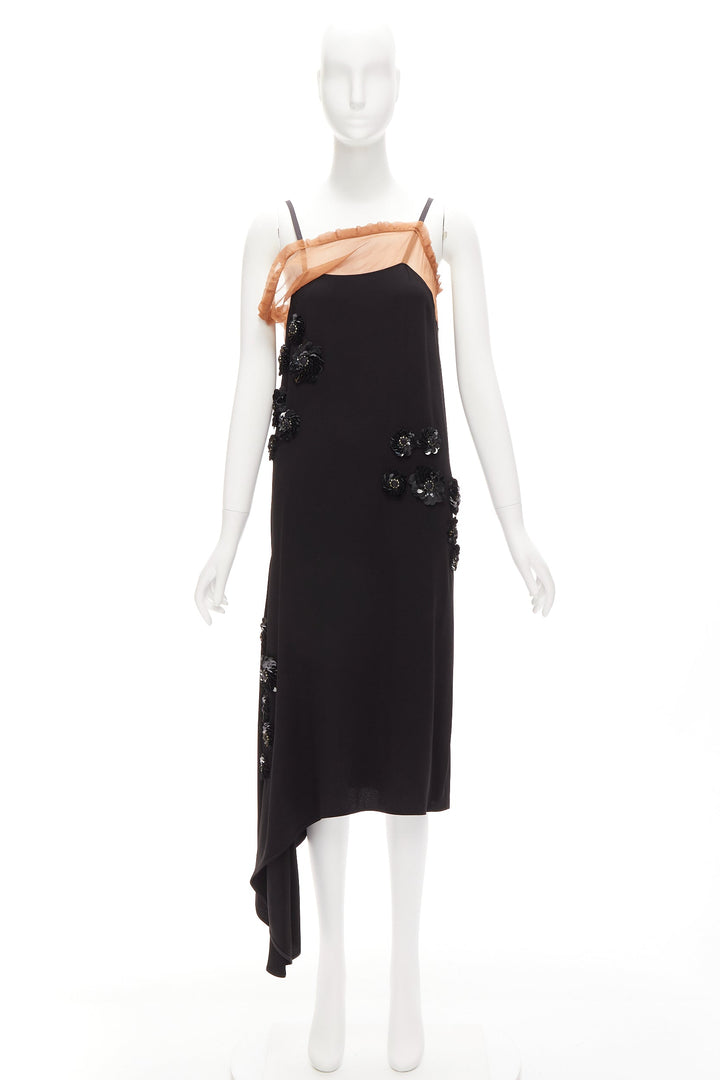 MARNI black floral sequins embellishment nude ruffle slip dress IT38 XS