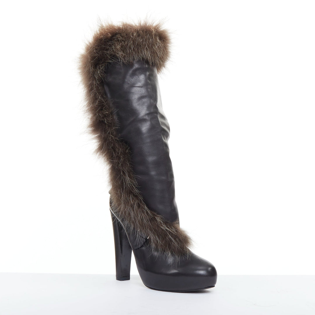 HERME 2010 Runway  black leather brown fur lined buckled block heeled boots EU39