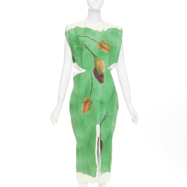 PRADA 2023 Runway green paper blend brown floral print crinkled dress IT38 XS