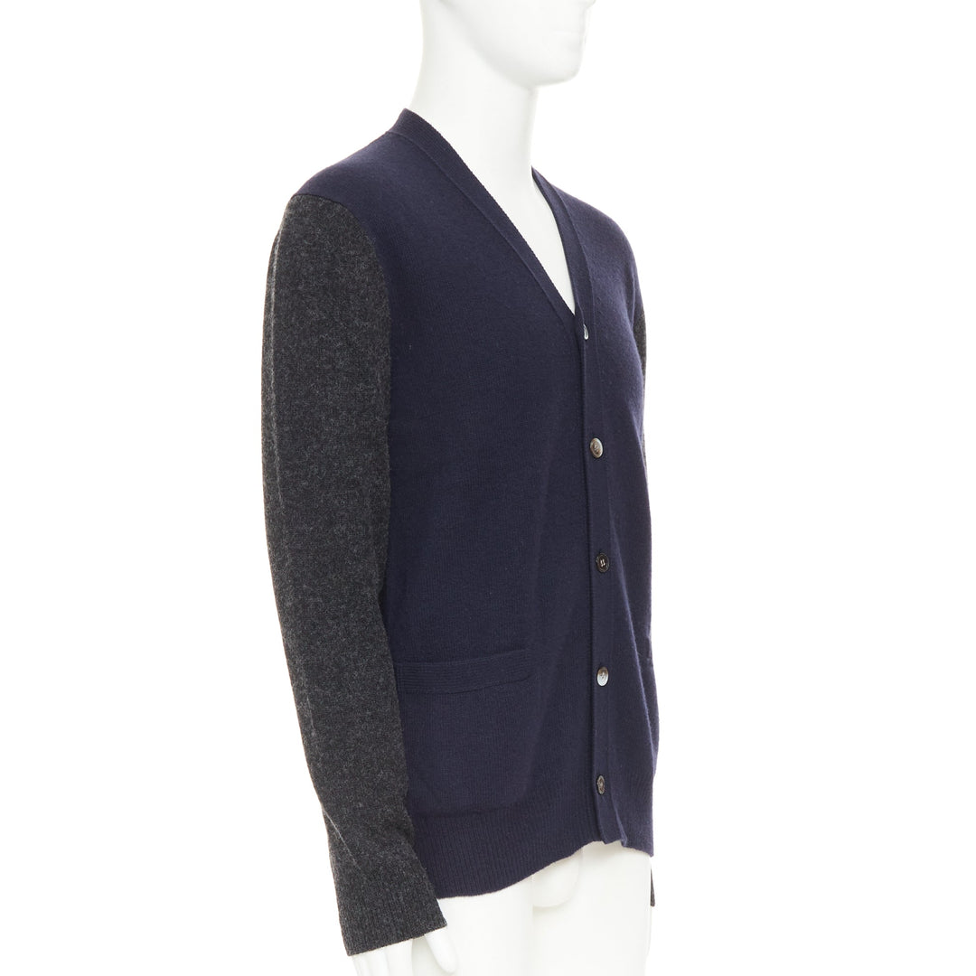 COMME DES GARCONS HOMME 2009 navy grey wool blend 2-tone cardigan sweater L