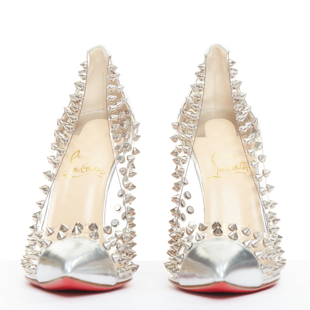 CHRISTIAN LOUBOUTIN Spike Me 100 Metal Gloss silver PVC spike stud pumps EU38