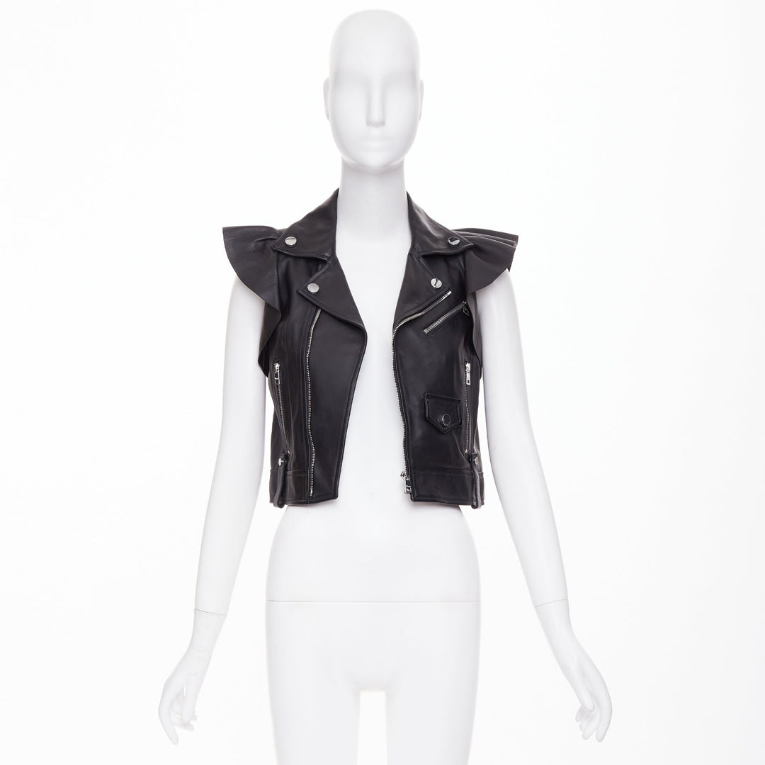 RED VALENTINO 2021  black lambskin leather ruffle biker vest jacket IT38 XS