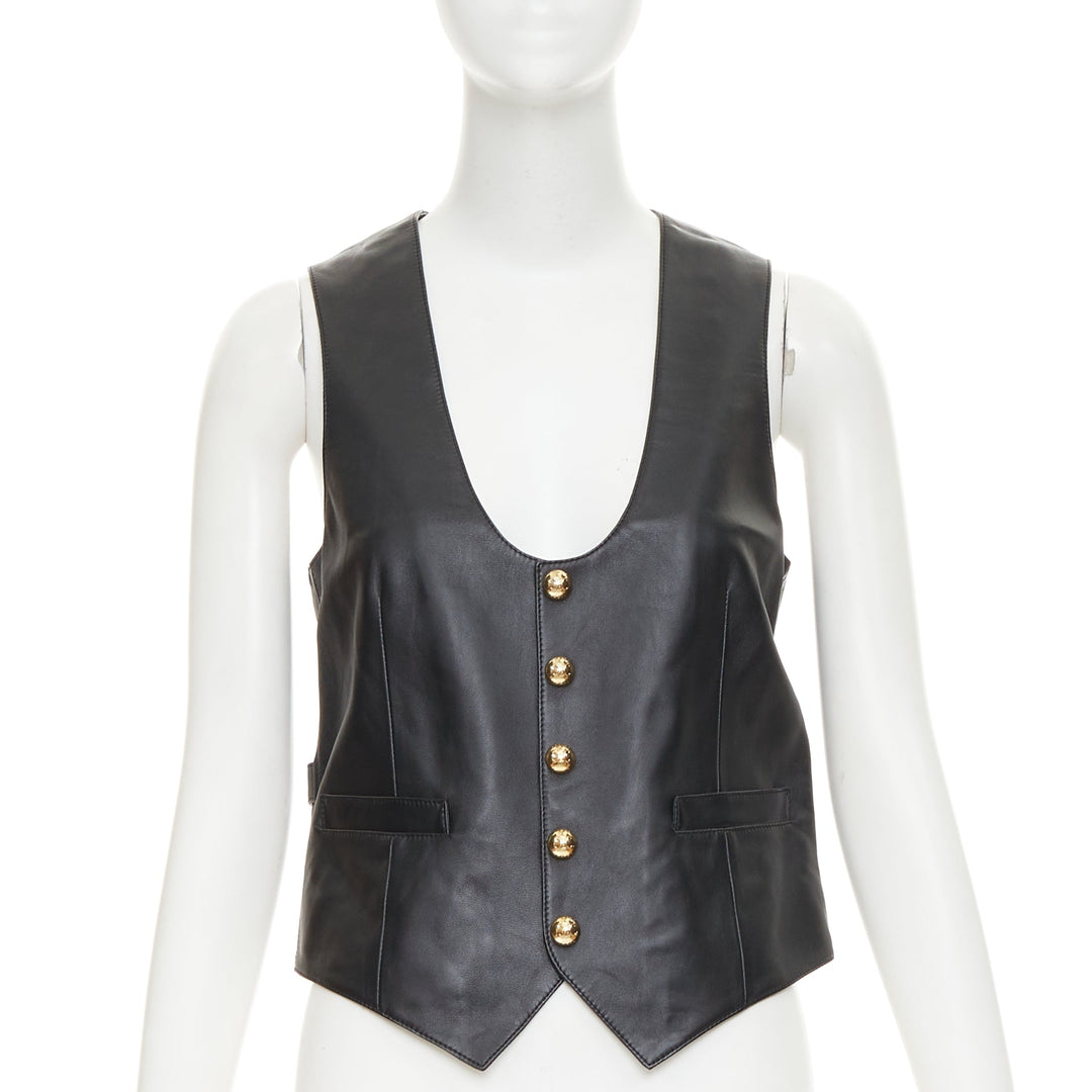 CELINE black lambskin leather gold Triomphe button waistcoat vest FR36 S