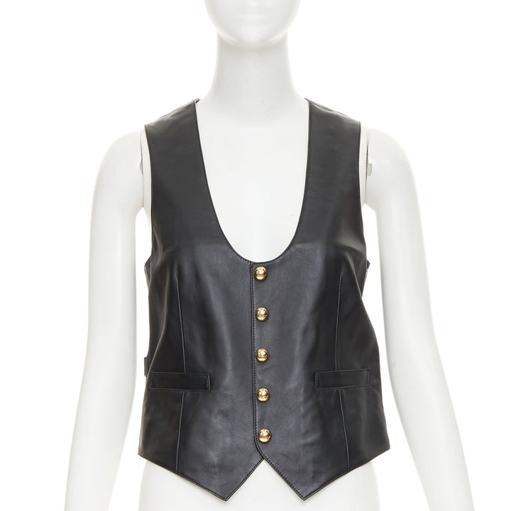 CELINE black lambskin leather gold Triomphe button waistcoat vest FR36 S