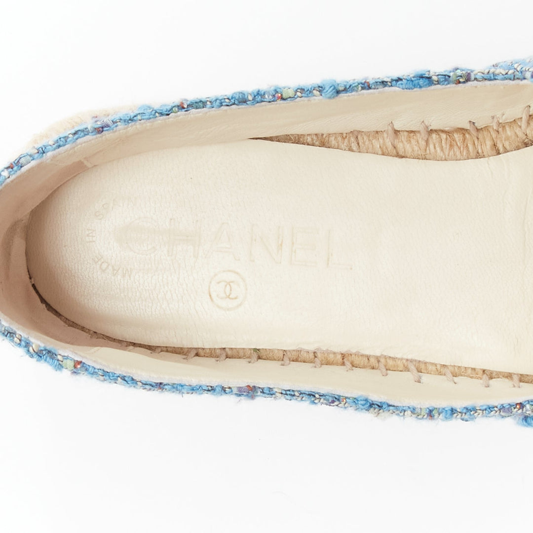 CHANEL blue tweed CC logo leather toe cap espadrille shoes EU40