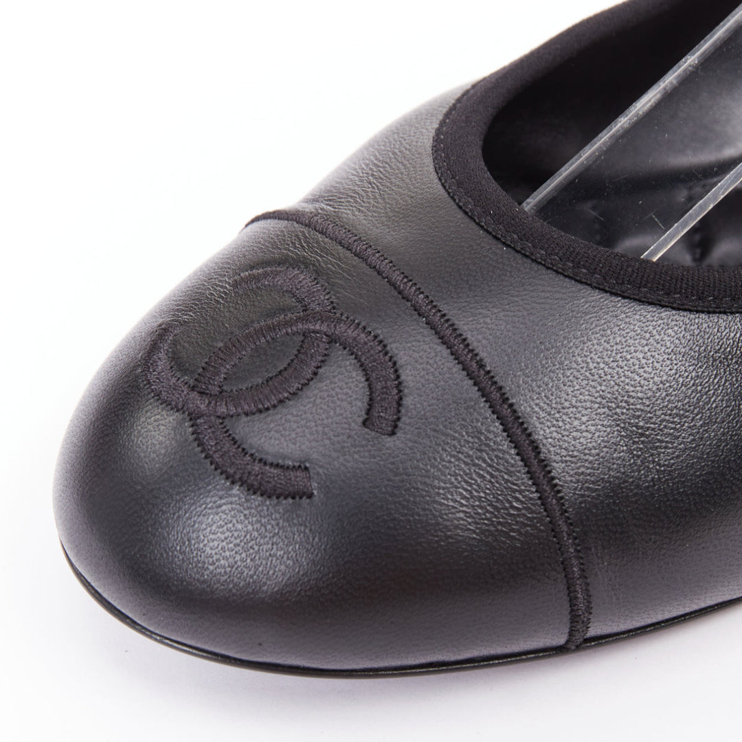 CHANEL 2024 black soft lambskin leather stitched CC cap toe mary jane flats EU39