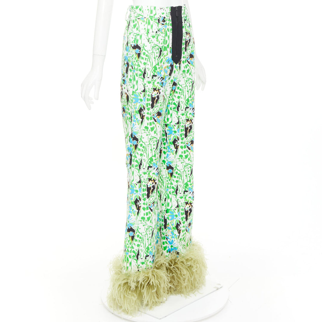 MIU MIU 2018 Runway green multi giraffe print feather hem flared pants IT40 S
