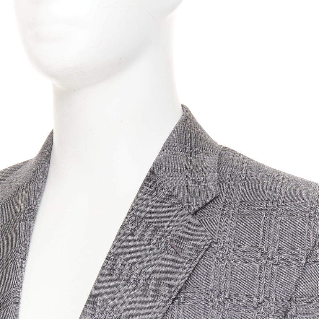 VERSACE grey wool silk blend plaid checked 2 button notched lapel blazer EU50 L