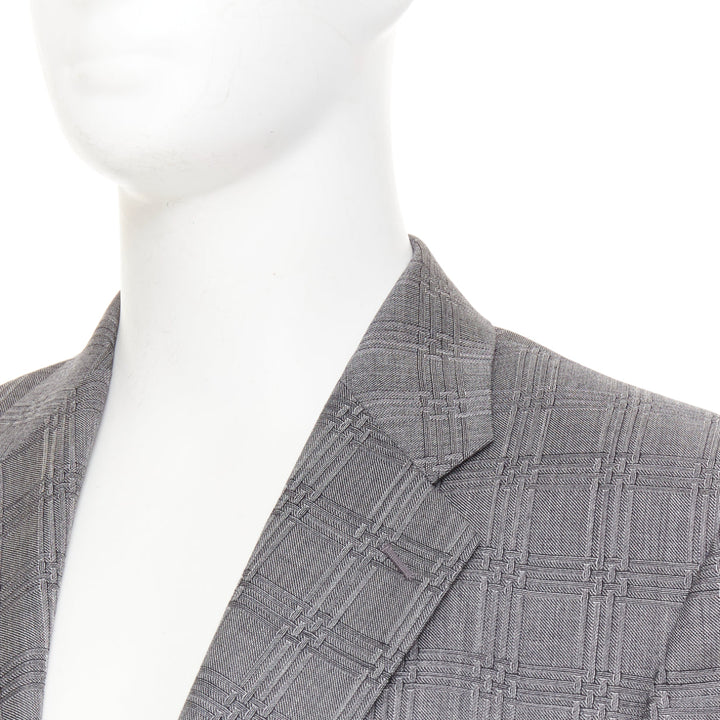 VERSACE grey wool silk blend plaid checked 2 button notched lapel blazer EU50 L